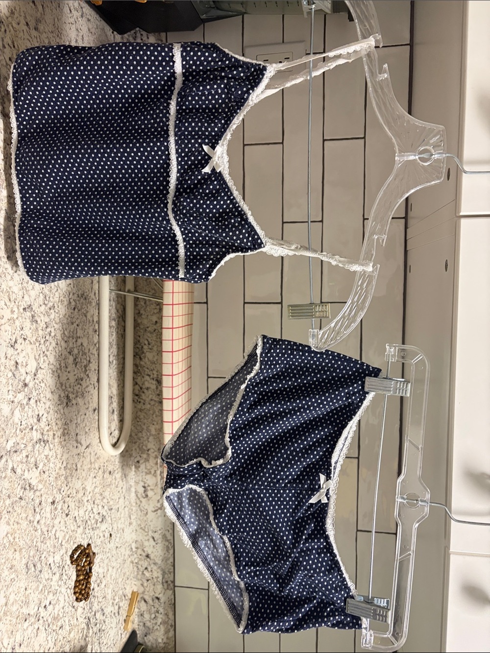 Girls Navy Polka Dot Tankini Set with White Trim